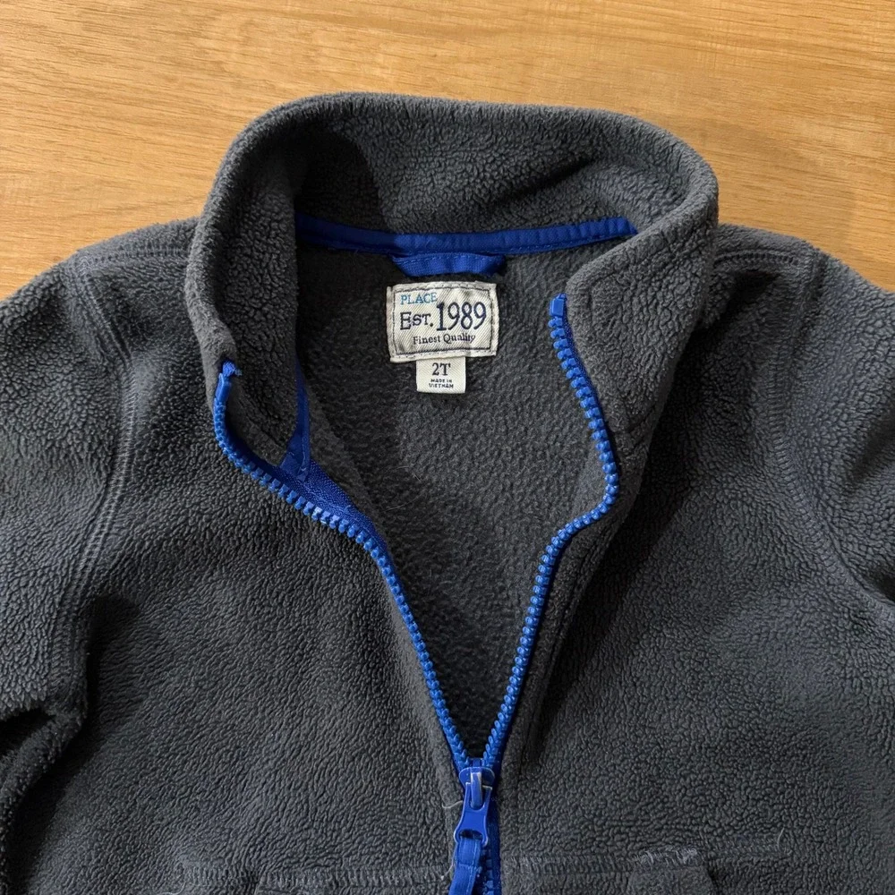 The Childrens Place Boys Fleece Jacket Gray Blue Full Zip Mock Neck 2T